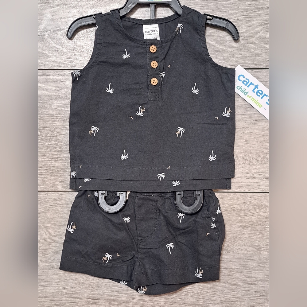 Carter's Black Palm Tree Baby 2 Piece Outfit Set. Sleeveless Top With Shorts